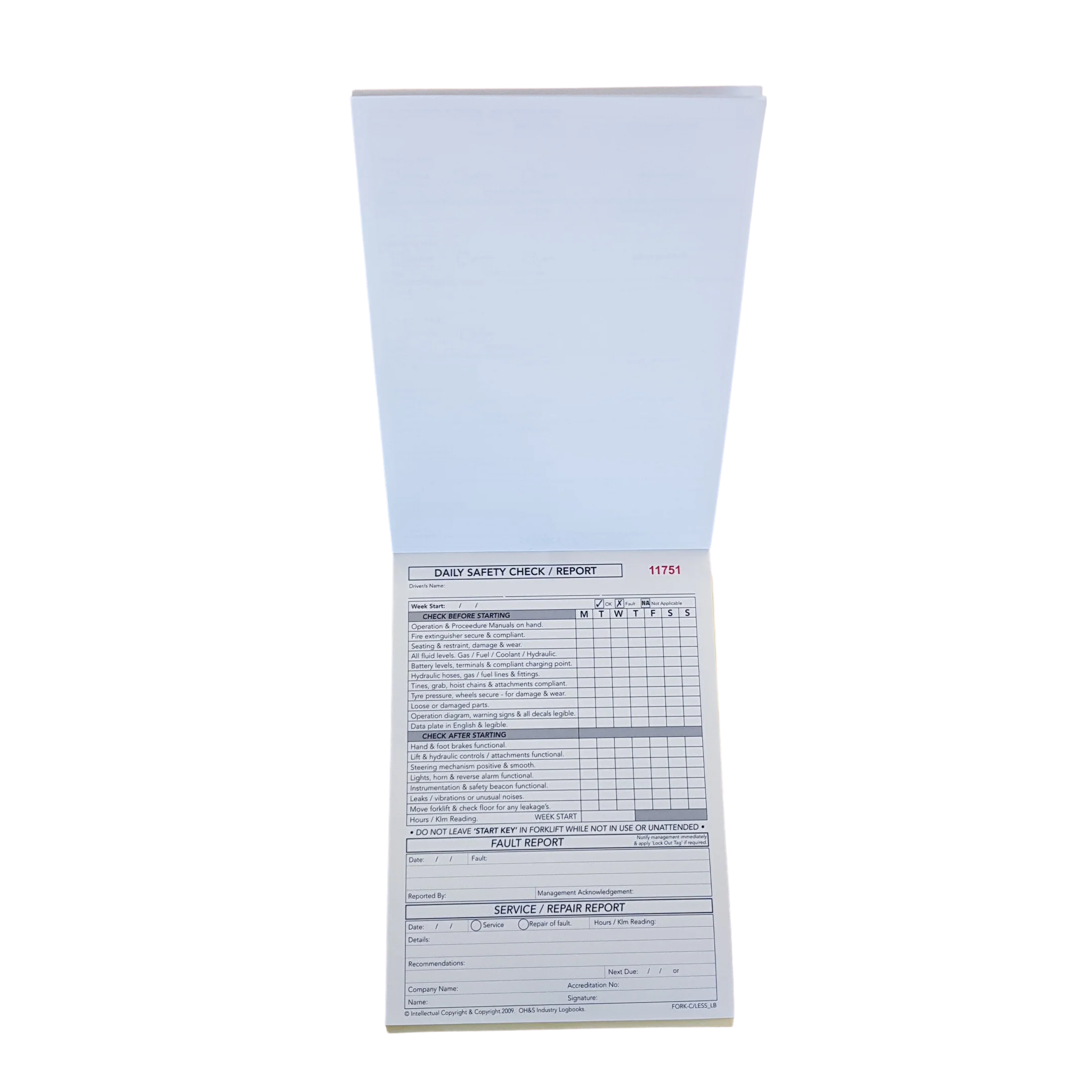Forklift 'Duplicate' Single Shift Pre Start Checklist and Maintenance Logbook - Image 2
