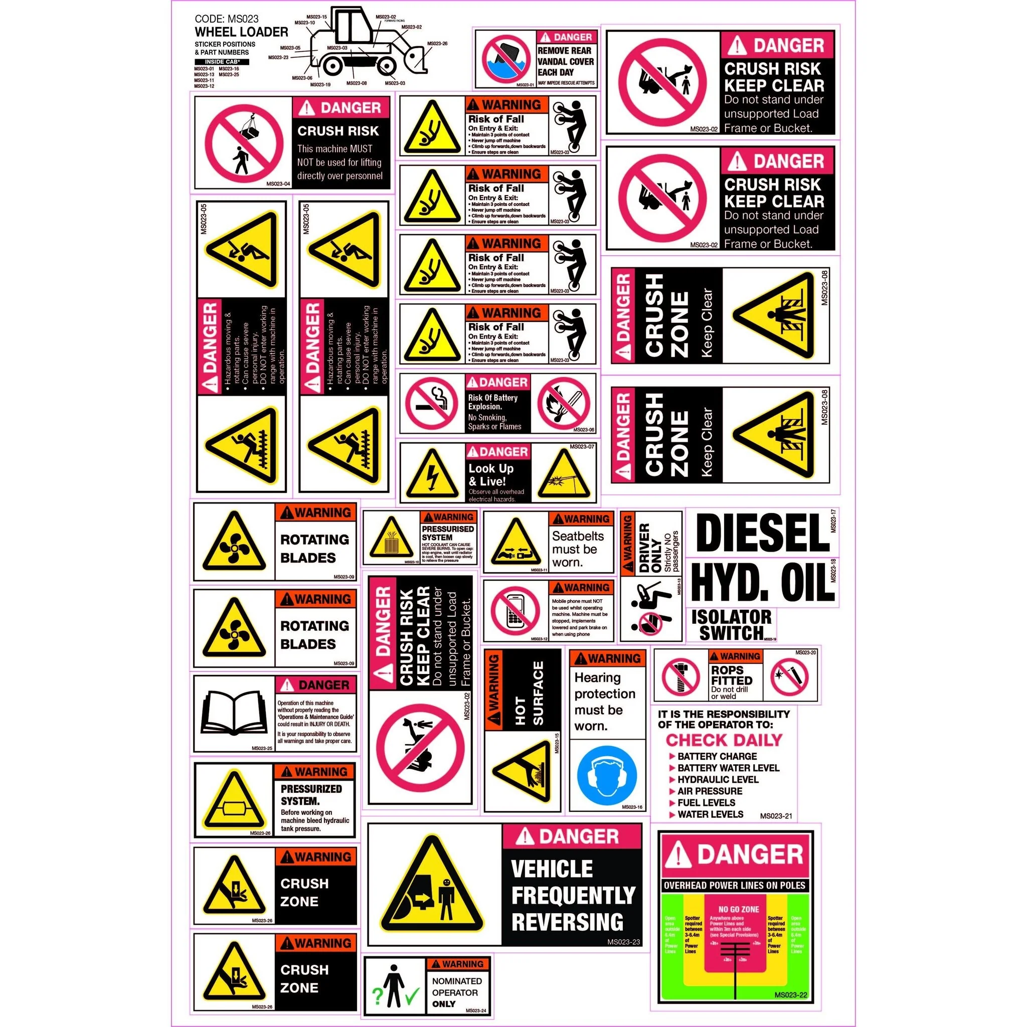 Machinery Safety Sticker/Decal Set, Wheel Loader