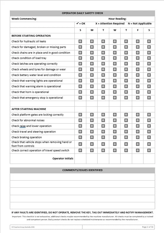 Work Assist Vehicle (WAV) Pre Start Maintenance Checklist Logbook - Image 2
